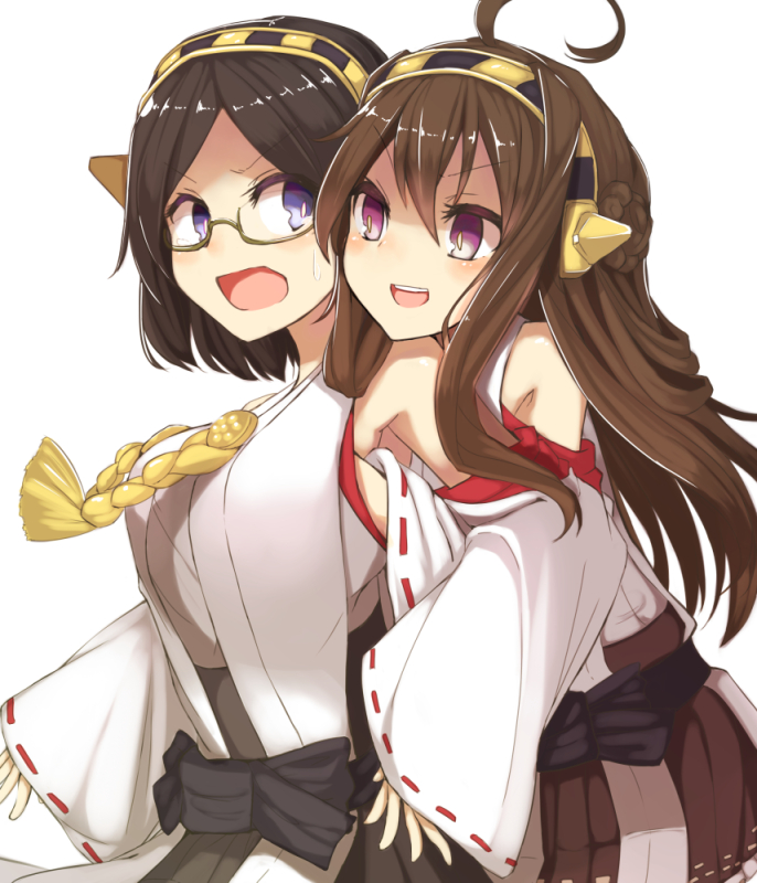 ahoge bad_id bad_pixiv_id bare_shoulders black_hair blue_eyes blush braid breast_grab breasts brown_hair detached_sleeves fumatake glasses grabbing grabbing_from_behind groping hair_ornament hairband hand_under_clothes headgear japanese_clothes kantai_collection kirishima_(kantai_collection) kongou_(kantai_collection) large_breasts long_hair looking_at_another looking_back multiple_girls nontraditional_miko open_mouth purple_eyes semi-rimless_eyewear short_hair simple_background smile sweatdrop under-rim_eyewear white_background wide_sleeves