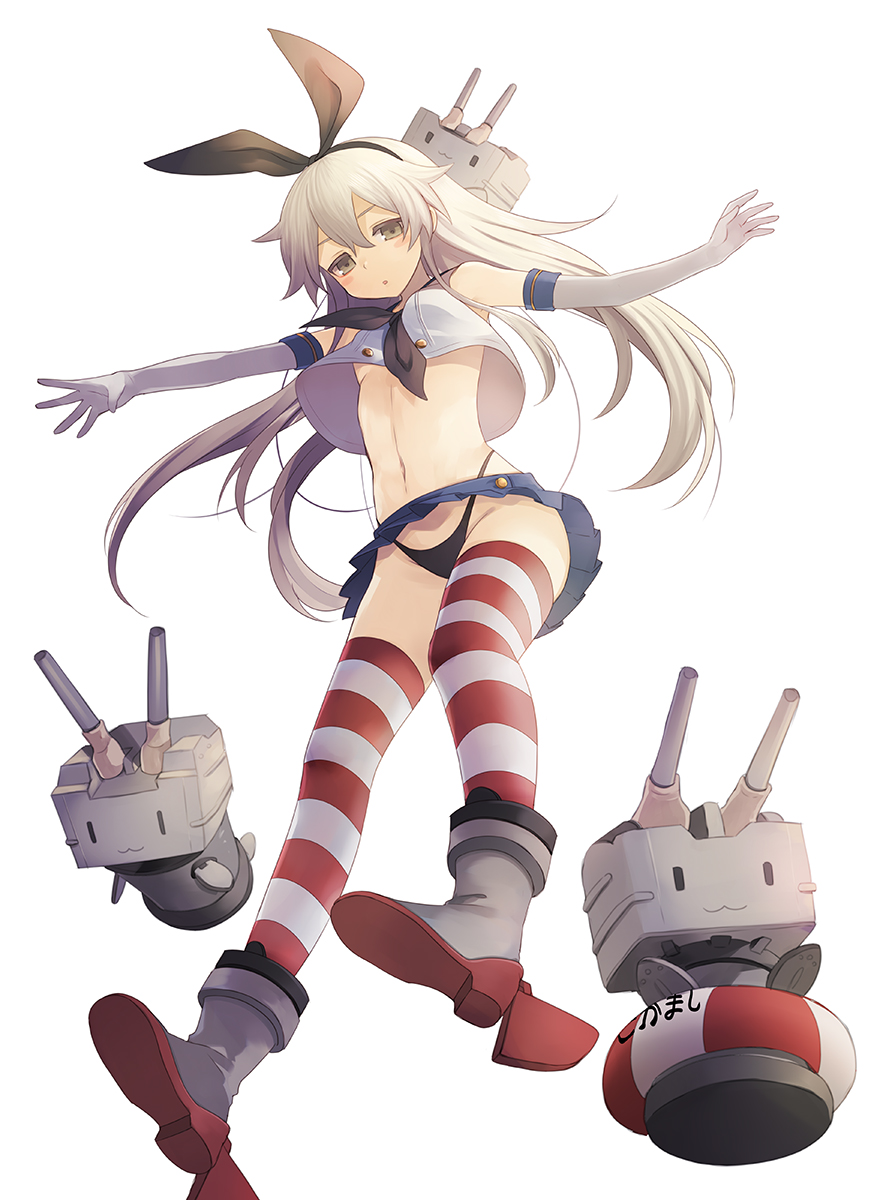 :3 banned_artist black_panties blonde_hair blush boots breasts brown_eyes elbow_gloves floating from_below gloves grey_footwear hairband harano highleg highleg_panties highres kantai_collection lifebuoy long_hair looking_at_viewer navel open_mouth outstretched_arms panties rensouhou-chan shimakaze_(kantai_collection) skirt small_breasts solo spread_arms striped striped_legwear thighhighs turret underboob underwear white_gloves