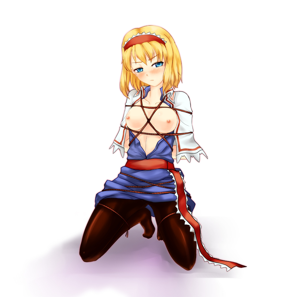alice_margatroid arms_behind_back bdsm blonde_hair blue_eyes blush bondage bound breasts commentary hairband looking_at_viewer medium_breasts nam_(valckiry) nipples pantyhose red_rope rope shibari short_hair solo touhou