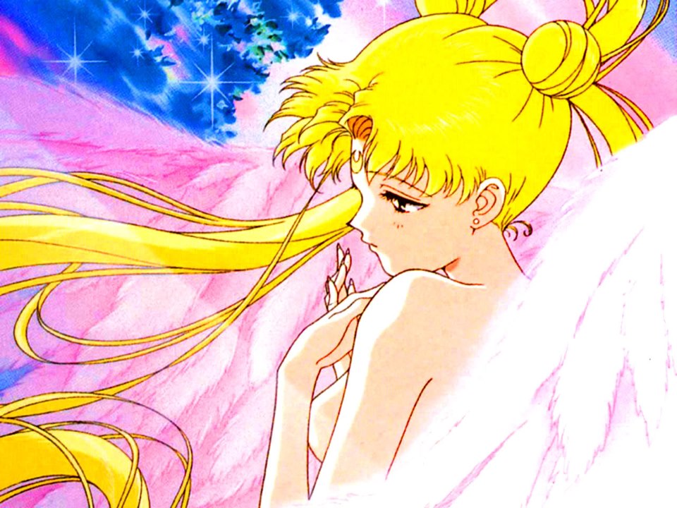 90s angel_wings bishoujo_senshi_sailor_moon blonde_hair covering covering_breasts nude official_art sailor_moon wings