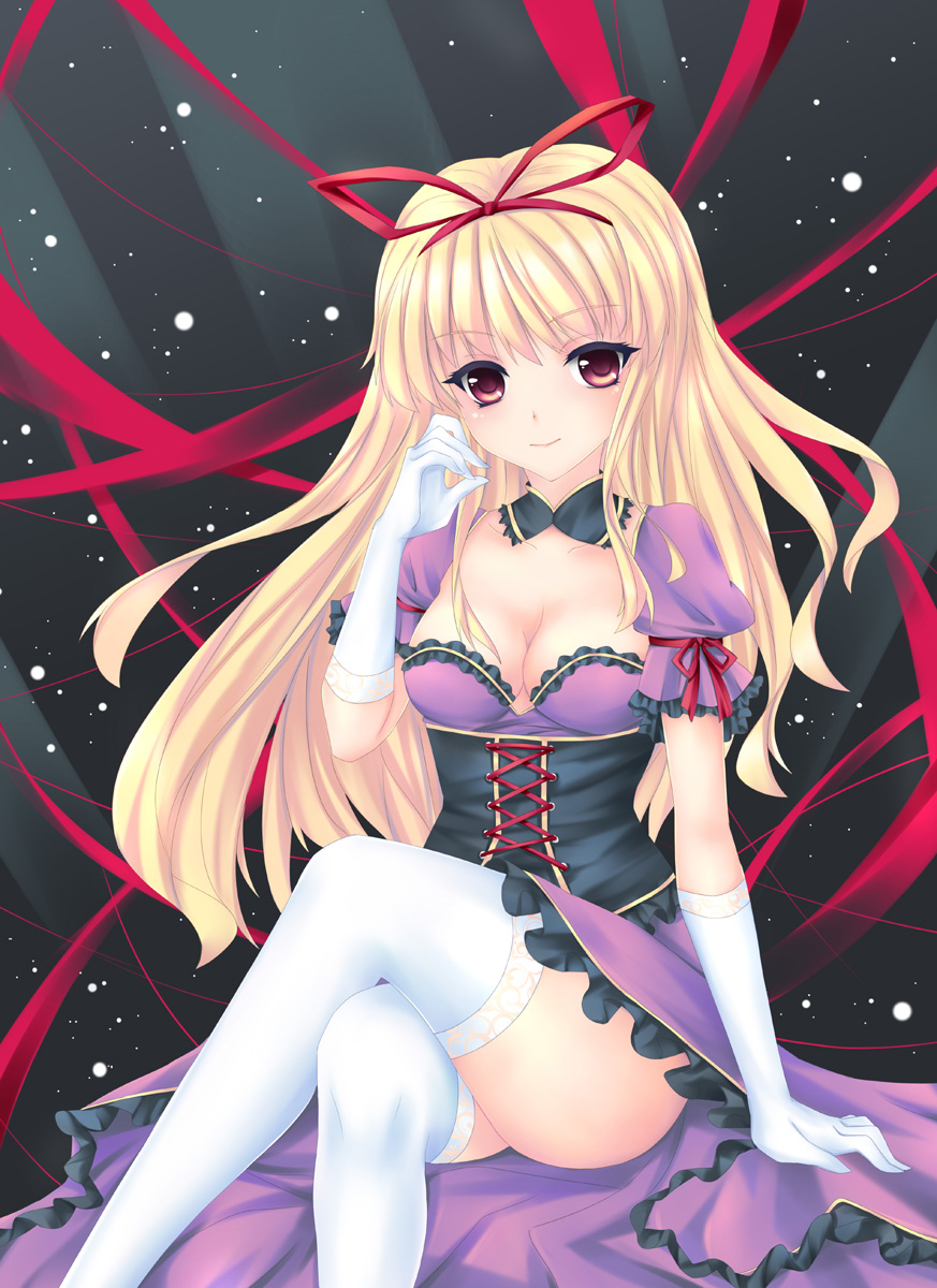 blonde_hair breasts cleavage corset crossed_legs dress elbow_gloves fred0092 gloves hair_ribbon highres lace lace-trimmed_thighhighs legs long_hair medium_breasts ribbon sitting smile solo thighhighs thighs touhou white_gloves white_legwear yakumo_yukari zettai_ryouiki