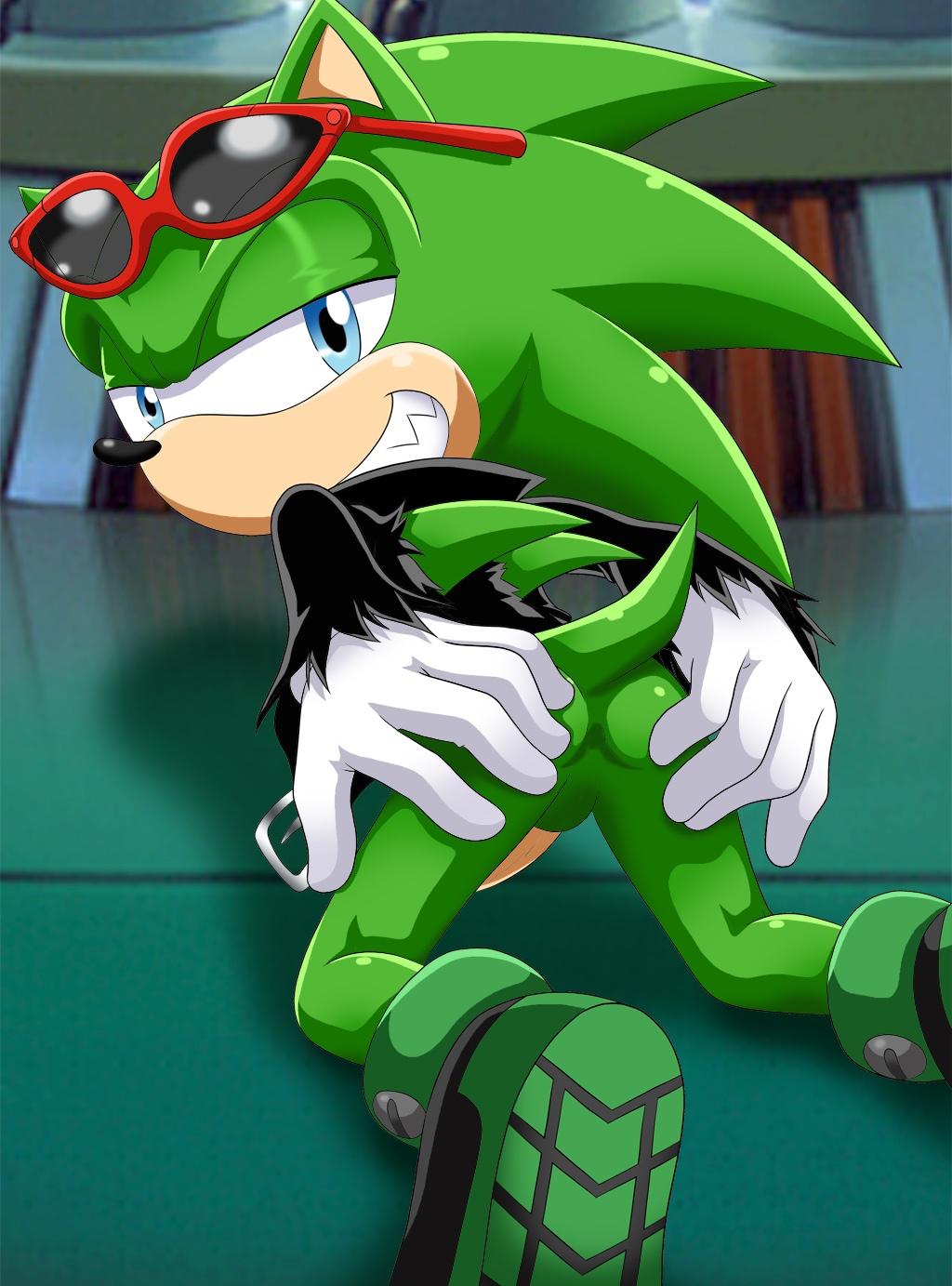 blue_eyes butt butt_grab eyewear gay gloves green_body hedgehog leather_jacket looking_at_viewer looking_back male mammal palcomix penis scourge_the_hedgehog sega sex solo sonic_(series) spread_butt spreading sunglasses teeth