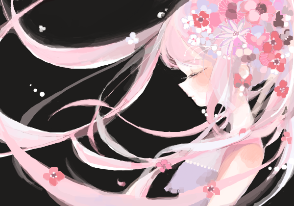 black_background closed_eyes floating_hair flower from_side hair_flower hair_ornament long_hair nucco original pink_hair profile solo tegaki twintails
