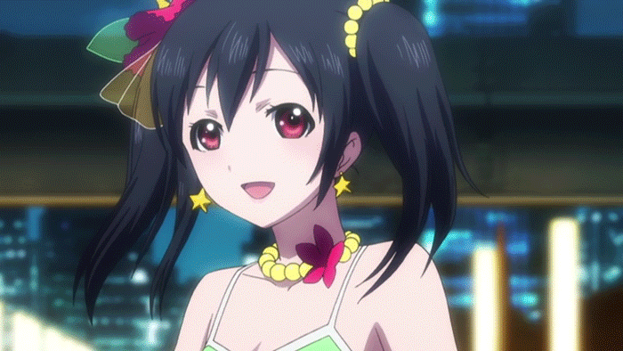 animated animated_gif black_hair breasts flat_chest flower love_live!_school_idol_project nail_polish red_eyes singing swimsuit twintails wink yazawa_nico