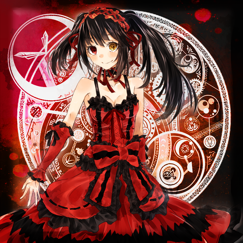 bare_shoulders black_hair breasts cleavage clock clock_eyes crescent date_a_live dress english erurun39 gears hairband heterochromia horoscope lolita_fashion lolita_hairband long_hair looking_at_viewer magic_circle medium_breasts red_eyes ribbon roman_numerals smile solo symbol-shaped_pupils tokisaki_kurumi twintails uneven_twintails yellow_eyes