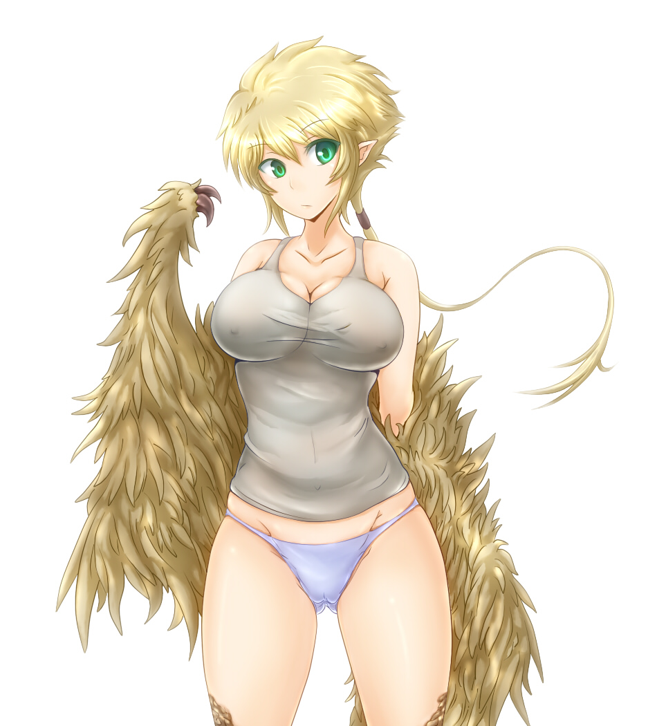 bare_shoulders breasts cameltoe cleavage covered_nipples e-kichi feathered_wings feathers green_eyes groin harpy large_breasts monster_girl no_pants original panties pink_panties pointy_ears ponytail short_hair solo tank_top taut_clothes underwear wings