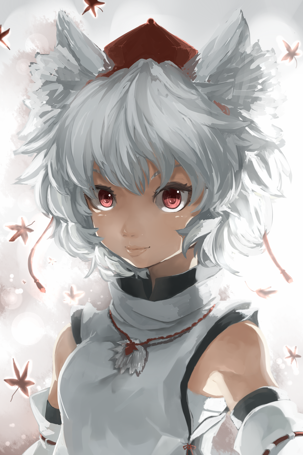 animal_ears bad_id bad_pixiv_id bandages bare_shoulders closed_mouth detached_sleeves hat highres inubashiri_momiji jewelry leaf lips looking_at_viewer maple_leaf necklace nib_pen_(medium) pink_eyes portrait rikkido sarashi shirt silver_hair smile solo tokin_hat touhou traditional_media turtleneck upper_body wolf_ears