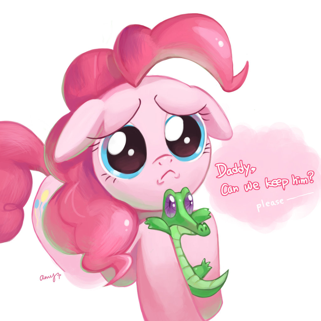 alligator amy30535 blue_eyes cutie_mark english_text equine female feral friendship_is_magic frown fur gummy_(mlp) hair hooves horse looking_at_viewer male mammal my_little_pony pink_fur pink_hair pinkie_pie_(mlp) plain_background pony purple_eyes reptile scalie text