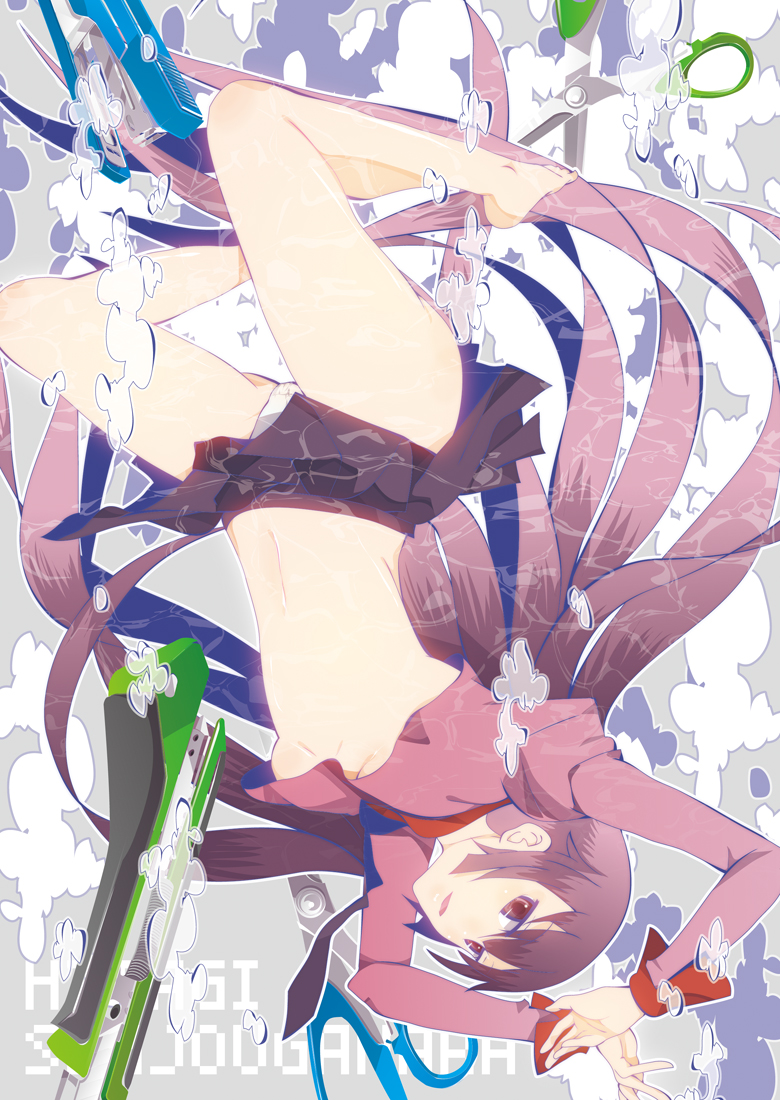 bad_id bad_pixiv_id breasts long_hair medium_breasts midriff monogatari_(series) panties purple_eyes purple_hair school_uniform senjougahara_hitagi solo underboob underwear yadokugaeru