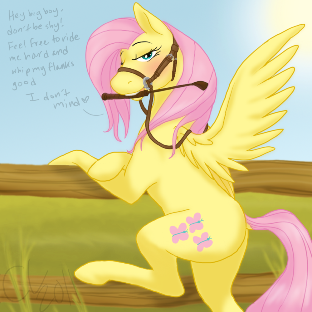 bit_gag blush bridle cartoonlion cutie_mark day dialog english_text equine female feral fluttershy_(mlp) friendship_is_magic fur gag hair horse looking_at_viewer mammal my_little_pony outside pegasus pink_hair playful pony riding_crop solo text wing_boner wings yellow_fur