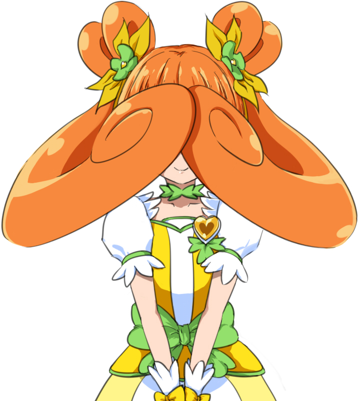 bow brown_hair choker cure_rosetta dokidoki!_precure double_bun earrings flower green_choker hair_flower hair_ornament hair_over_eyes heart jewelry long_hair looking_at_viewer magical_girl precure ribbon simple_background skirt smile solo sonili twintails white_background wrist_cuffs yotsuba_alice