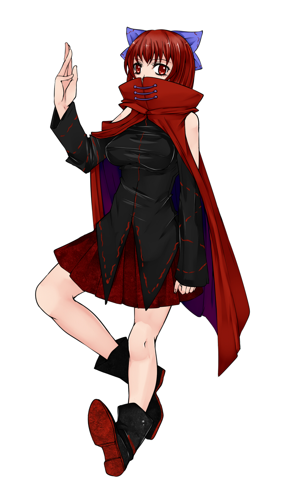 aoshima boots bow breasts cape detached_sleeves hair_bow high_collar highres large_breasts long_sleeves red_eyes red_hair sekibanki short_hair skirt solo taut_clothes touhou