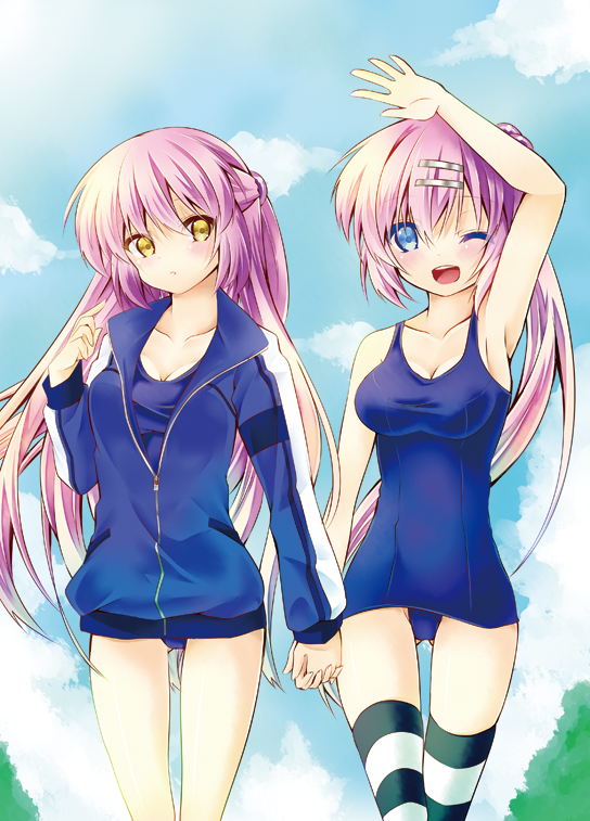 ;d bad_id bad_pixiv_id blue_eyes futaki_kanata holding_hands jacket little_busters! long_hair multiple_girls one-piece_swimsuit one_eye_closed open_mouth purple_hair saigusa_haruka school_swimsuit siblings side_ponytail smile striped striped_legwear swimsuit swimsuit_under_clothes thighhighs track_jacket twins waving yellow_eyes yuihira_asu