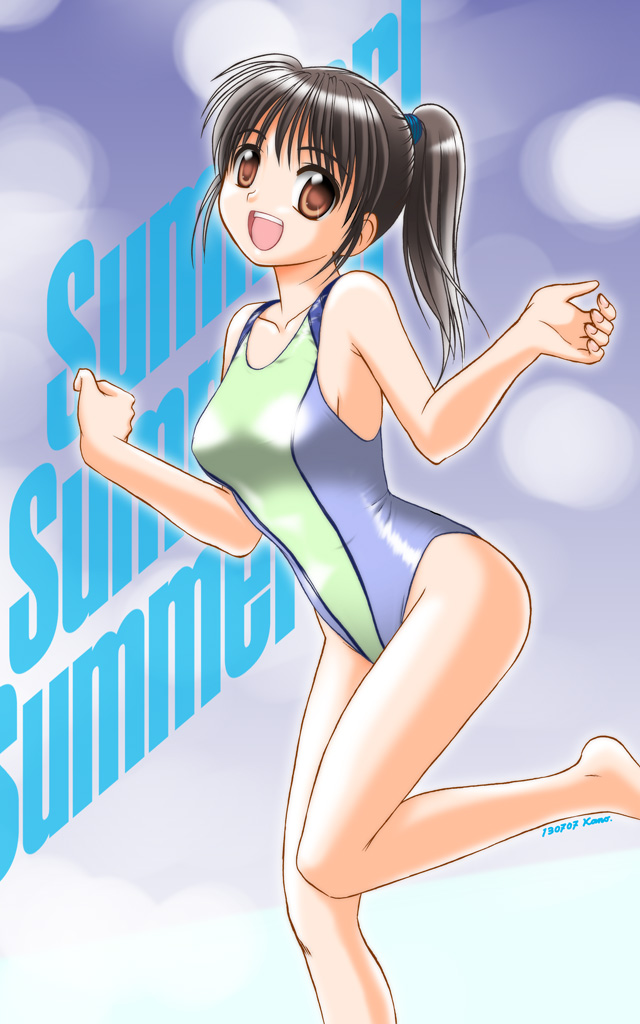 barefoot black_hair brown_eyes competition_swimsuit ikawa_kanoya leg_up long_hair one-piece_swimsuit open_mouth original ponytail smile solo standing standing_on_one_leg swimsuit