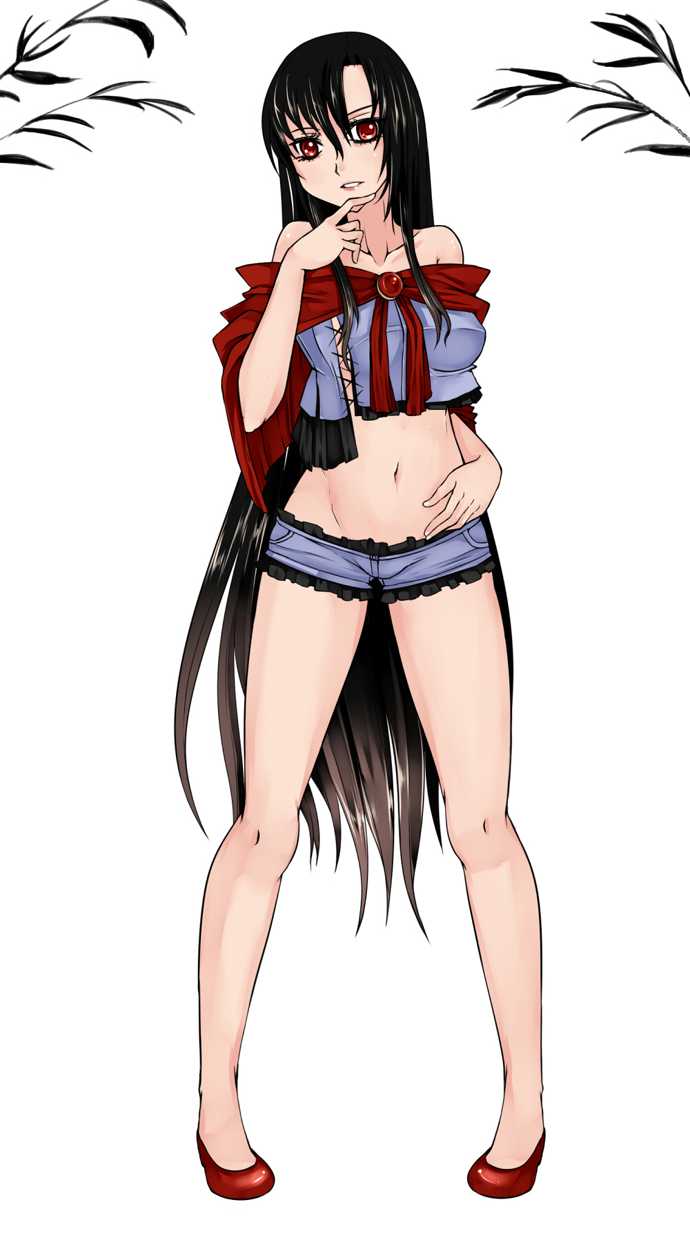 adapted_costume aoshima bare_shoulders black_hair breasts crop_top finger_to_chin fingernails highres humanization imaizumi_kagerou large_breasts light_smile lips long_hair looking_at_viewer lowleg lowleg_shorts midriff nail_polish navel no_animal_ears normal pigeon-toed red_eyes red_footwear sharp_fingernails shoes short_shorts shorts smile solo touhou very_long_hair