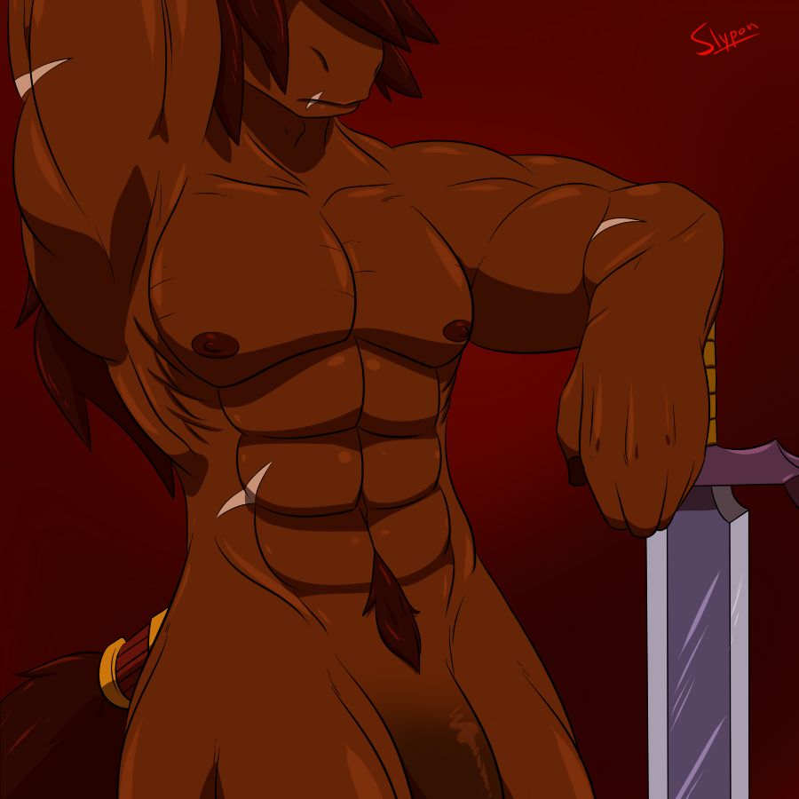 abs biceps brown_hair equine frown hair horse invalid_tag male mammal mane muscles nipples nude pecs penis pubes slypon solo sword warrior weapon