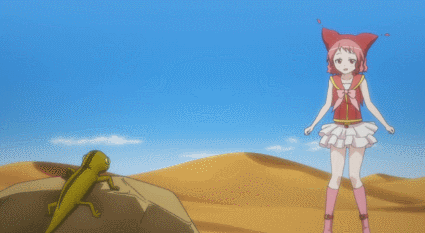 2girls angry animated animated_gif attack axe bahamut_(zettai_bouei_leviathan) battle_axe blonde_hair blue_sky bow cloud desert fire hat humor jormungandr_(zettai_bouei_leviathan) kneehighs lizard lowres magic multiple_girls outdoors overkill pink_hair rock sand screencap sky thighhighs throwing weapon zettai_bouei_leviathan