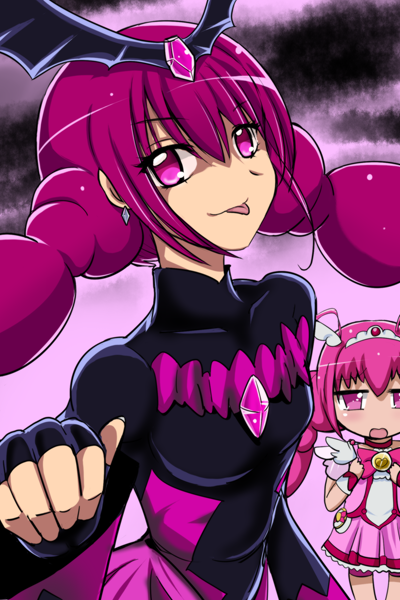 aitaso bad_end_happy bad_end_precure bat_wings bike_shorts black_bodysuit blush bodysuit bow cure_happy dark_persona earrings fingerless_gloves frills gem gloves hoshizora_miyuki jewelry long_hair long_sleeves magical_girl multiple_girls open_mouth pink pink_bow pink_eyes pink_hair pink_skirt precure skirt smile_precure! tiara tongue tongue_out twintails wide_sleeves wings