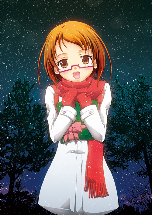 :d brown_eyes brown_hair glasses happy looking_at_viewer open_mouth pink-framed_eyewear precure red_scarf ribbon scarf shirabe_ako short_hair sky slowpit smile solo star_(sky) starry_sky suite_precure try