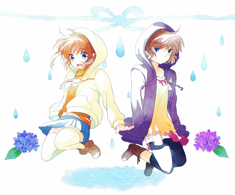 blouse blue_eyes brown_hair hands_in_pockets hood hoodie jumping long_sleeves looking_at_viewer lyrical_nanoha mahou_shoujo_lyrical_nanoha mahou_shoujo_lyrical_nanoha_a's mahou_shoujo_lyrical_nanoha_a's_portable:_the_battle_of_aces material-s miniskirt multiple_girls open_mouth pants pants_under_skirt pleated_skirt shirt short_hair short_twintails skirt smile takamachi_nanoha takana thighhighs twintails water_drop white_legwear