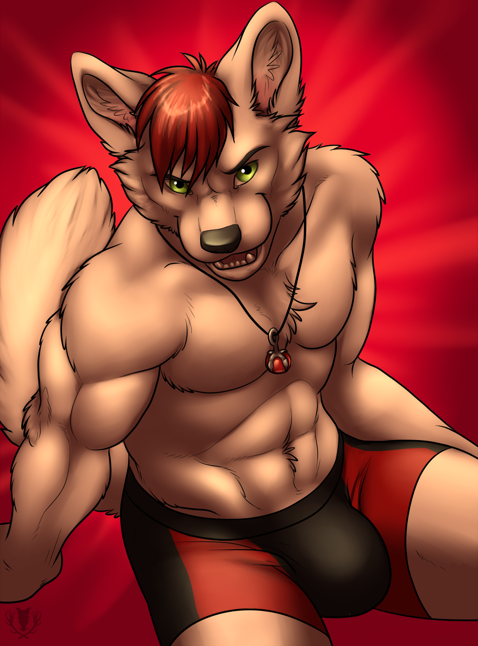 abs anthro biceps big_muscles boxers brown_fur bulge canine chest_tuft dog fangs fur green_eyes hair looking_at_viewer male mammal muscles necklace pecs plain_background pose sitting solo teeth topless tuft underwear vallhund