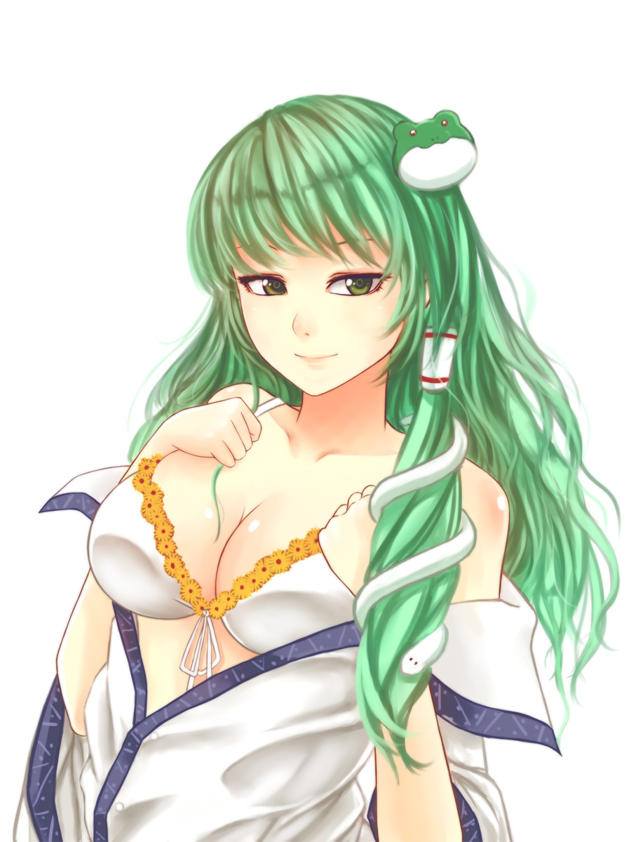 bad_id bad_pixiv_id bra breasts cleavage frog_hair_ornament front-tie_top green_eyes green_hair hair_ornament highres kochiya_sanae large_breasts long_hair looking_at_viewer off_shoulder open_clothes open_shirt shirt simple_background smile snake_hair_ornament solo touhou underwear undressing white_background x&amp;x&amp;x