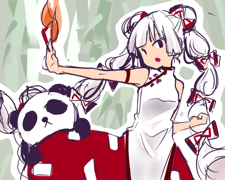 alternate_costume alternate_hairstyle bare_shoulders bow card chi_(marooner2) china_dress chinese_clothes double_bun dress fire fujiwara_no_mokou hair_bow long_hair panda pants red_eyes ribbon silver_hair sketch solo touhou very_long_hair