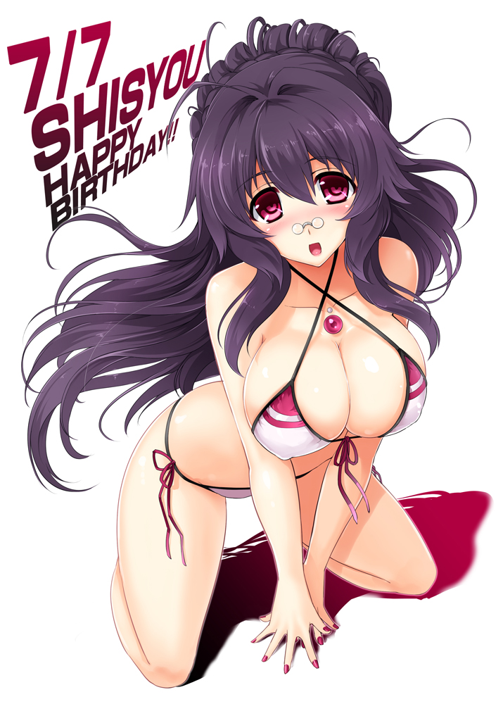 :d ahoge all_fours bikini blush breasts character_name cleavage covered_nipples criss-cross_halter cu-no dated front-tie_top glasses halter_top halterneck happy_birthday hisenkaede kneeling kokonoe_tamaki large_breasts legs long_hair looking_at_viewer nail_polish official_art open_mouth pince-nez purple_eyes purple_hair side-tie_bikini smile solo swimsuit thighs v_arms