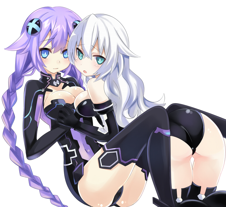 :o aqua_eyes ass bad_id bad_pixiv_id bangs bare_shoulders bent_over between_legs black_gloves black_heart black_legwear blue_eyes blush braid breasts cleavage cleavage_cutout covered_navel cross elbow_gloves emblem flipped_hair from_side gloves hair_between_eyes hair_ornament holding_hands kneeling knees_together_feet_apart knees_up leotard light_smile long_hair looking_at_viewer looking_back magical_girl medium_breasts mikan_no_shiru multiple_girls neptune_(series) open_mouth power_symbol purple_hair purple_heart raised_eyebrows sideboob simple_background sitting smile symbol-shaped_pupils thigh_gap thighhighs turtleneck twin_braids very_long_hair wavy_hair white_background white_hair yuri