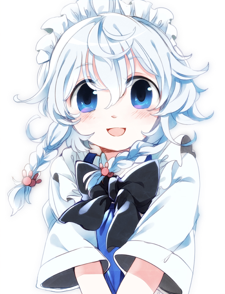 bad_id bad_pixiv_id blue_dress blue_eyes blush bow braid bunny_hair_ornament chachi_(azuzu) dress hair_ornament izayoi_sakuya looking_at_viewer maid maid_headdress open_mouth shirt short_sleeves silver_hair simple_background smile solo touhou twin_braids upper_body v_arms white_background younger