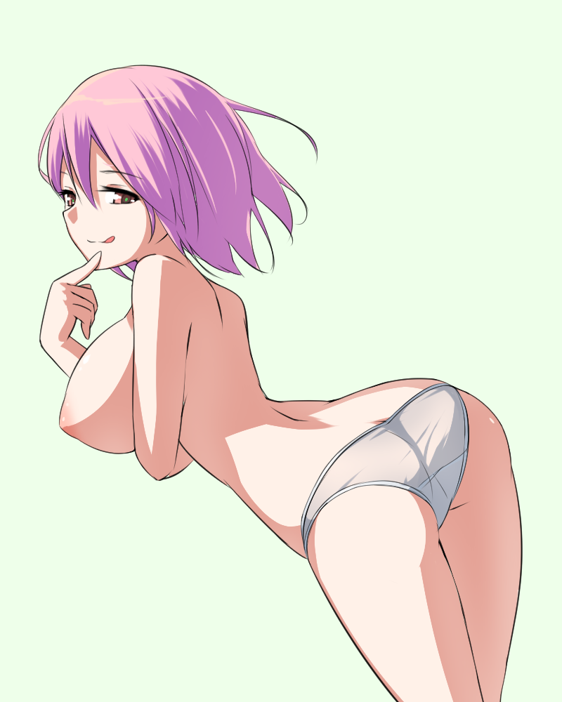 :q arched_back areolae ass back breast_hold breasts brown_eyes finger_to_face green_background large_breasts leaning_forward looking_back ninnzinn nipples original panties purple_hair short_hair smile solo tongue tongue_out topless underwear white_panties