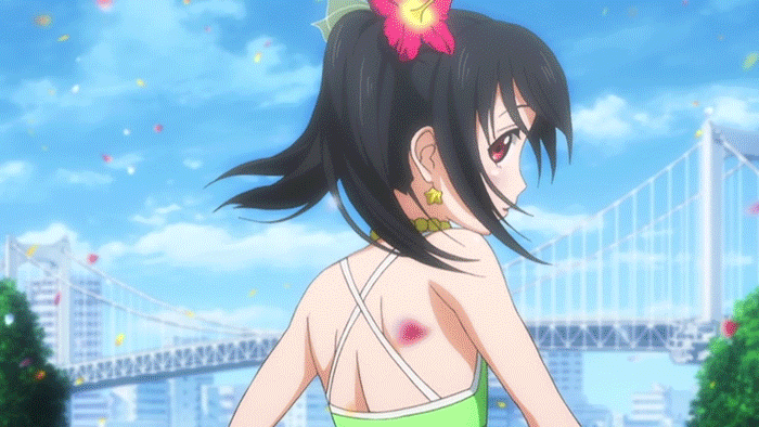 animated animated_gif ass black_hair breasts dancing flat_chest flower love_live!_school_idol_project red_eyes singing swimsuit twintails wink yazawa_nico