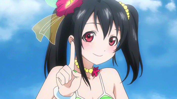 animated animated_gif black_hair breasts flat_chest flower love_live!_school_idol_project nail_polish red_eyes singing swimsuit twintails wink yazawa_nico