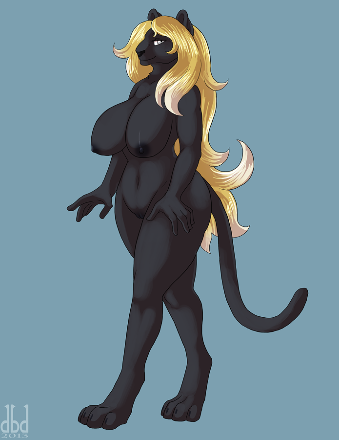 big_thighs black_nipples black_nose black_pussy blonde_hair breasts dbd feline female hair long_hair looking_at_viewer mammal nipples nude panther plain_background pussy samantha_rasputin solo standing thick_thighs voluptuous wide_hips