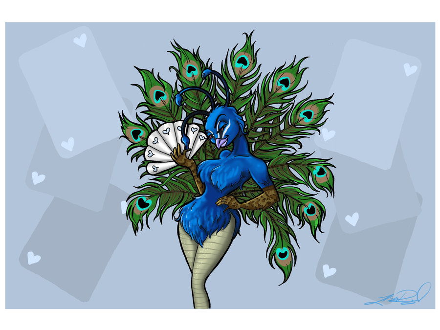 antennae anthro avian bare_legs beak border elbow_gloves fan feathers female folding_fan gloves hand_on_hip leelab looking_at_viewer peacock pinup pose smile solo