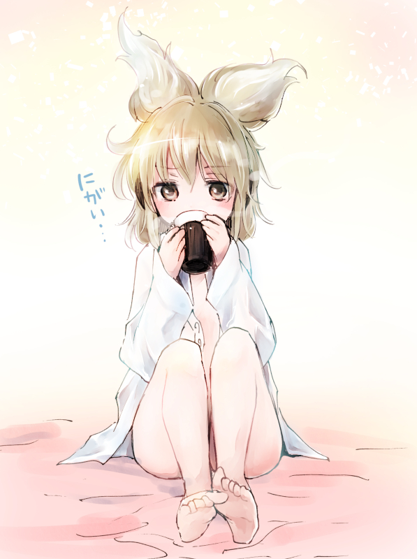 barefoot blonde_hair blush bottomless brown_eyes cup dress_shirt drinking earmuffs makuwauri naked_shirt no_pants open_clothes open_shirt shirt short_hair sitting solo touhou toyosatomimi_no_miko