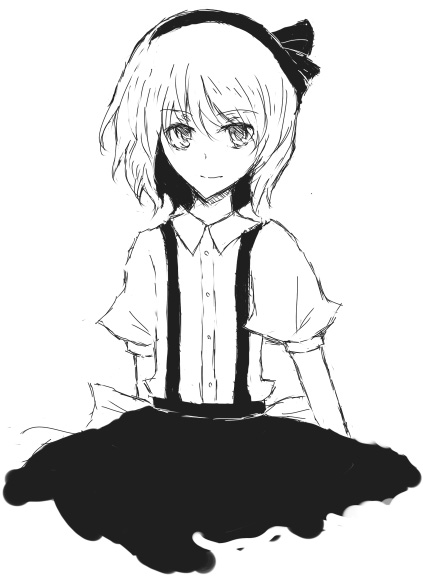 alice_margatroid alice_margatroid_(pc-98) closed_mouth en_(engawa) expressionless greyscale looking_at_viewer monochrome puffy_short_sleeves puffy_sleeves short_hair short_sleeves simple_background skirt solo suspender_skirt suspenders touhou touhou_(pc-98) white_background