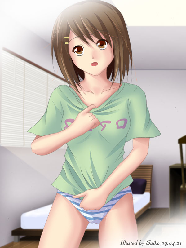 bed brown_eyes brown_hair chair hair_ornament hairclip hirasawa_yui k-on! panties pillow short_hair solo striped striped_panties suido_koji underwear