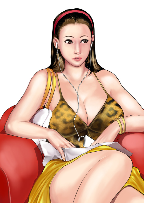 armchair bag breasts brown_eyes brown_hair chair handbag headphones kusagami_style large_breasts leopard_print lips long_hair no_bra simple_background sitting skirt solo white_background