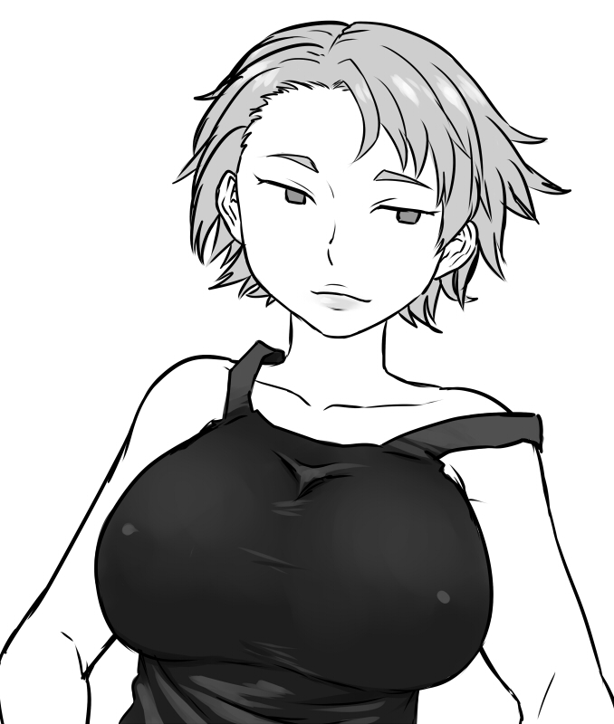 asta_(hunter_x_hunter) bangs bare_shoulders breasts covered_nipples greyscale hands_on_hips huge_breasts hunter_x_hunter light_smile lips monochrome parted_bangs solo strap_slip tank_top taut_clothes tsukudani_(coke-buta)