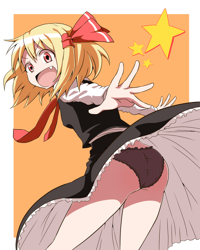 ass black_panties blonde_hair fang hair_ribbon long_sleeves looking_at_viewer looking_back necktie open_mouth outstretched_arms panties red_eyes red_neckwear ribbon rumia shinori shirt skirt skirt_set smile solo star touhou underwear upskirt vest