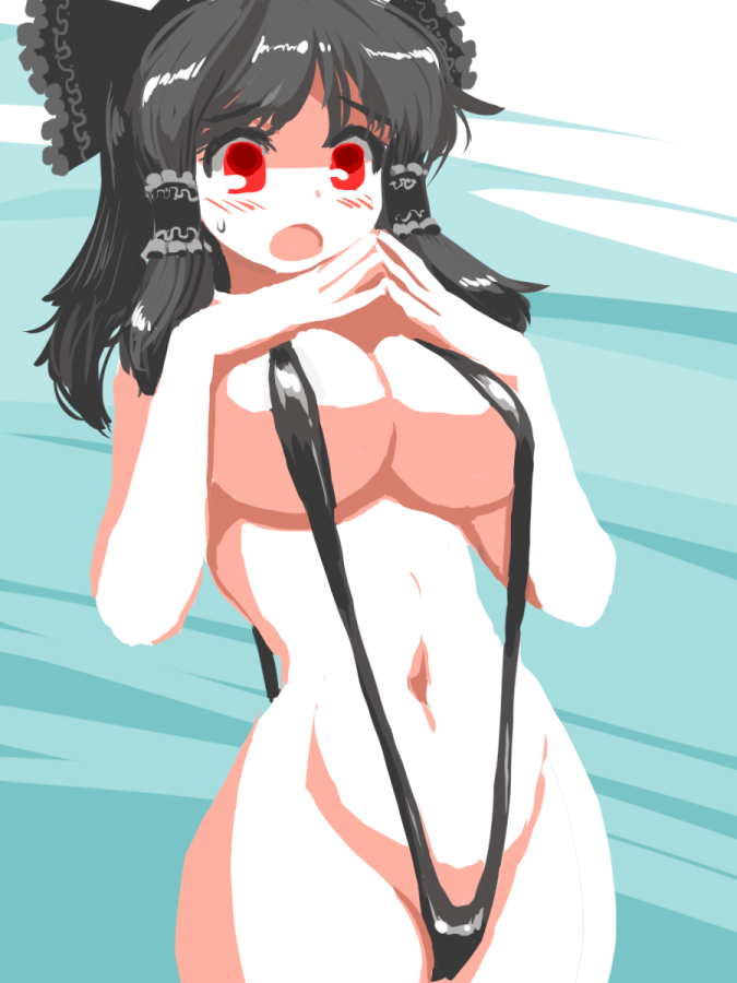 black_hair blush bow breasts cleavage hair_bow hair_tubes hakurei_reimu large_breasts mono_(moiky) open_mouth red_eyes short_hair slingshot_swimsuit solo strap_gap sweat swimsuit touhou