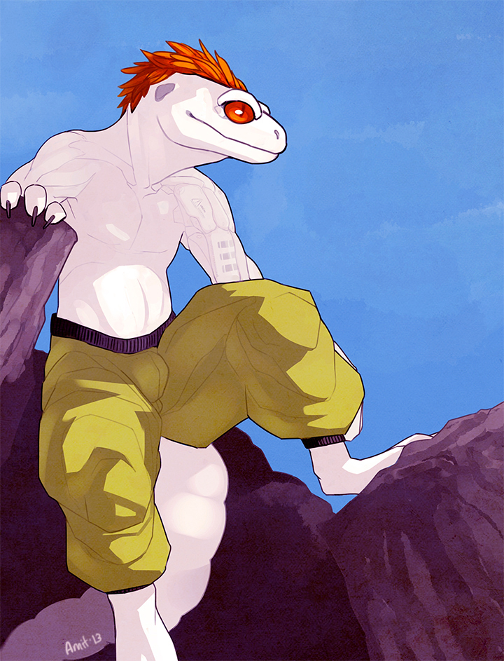albino amit biceps blue_background bulge claws clothing cloud clouds digitigrade feathers frillsby gecko invalid_tag leopard_gecko lizard male muscles nostrils pants pecs plain_background prosthetics red_eyes reptile rock scalie simple_background sky solo topless