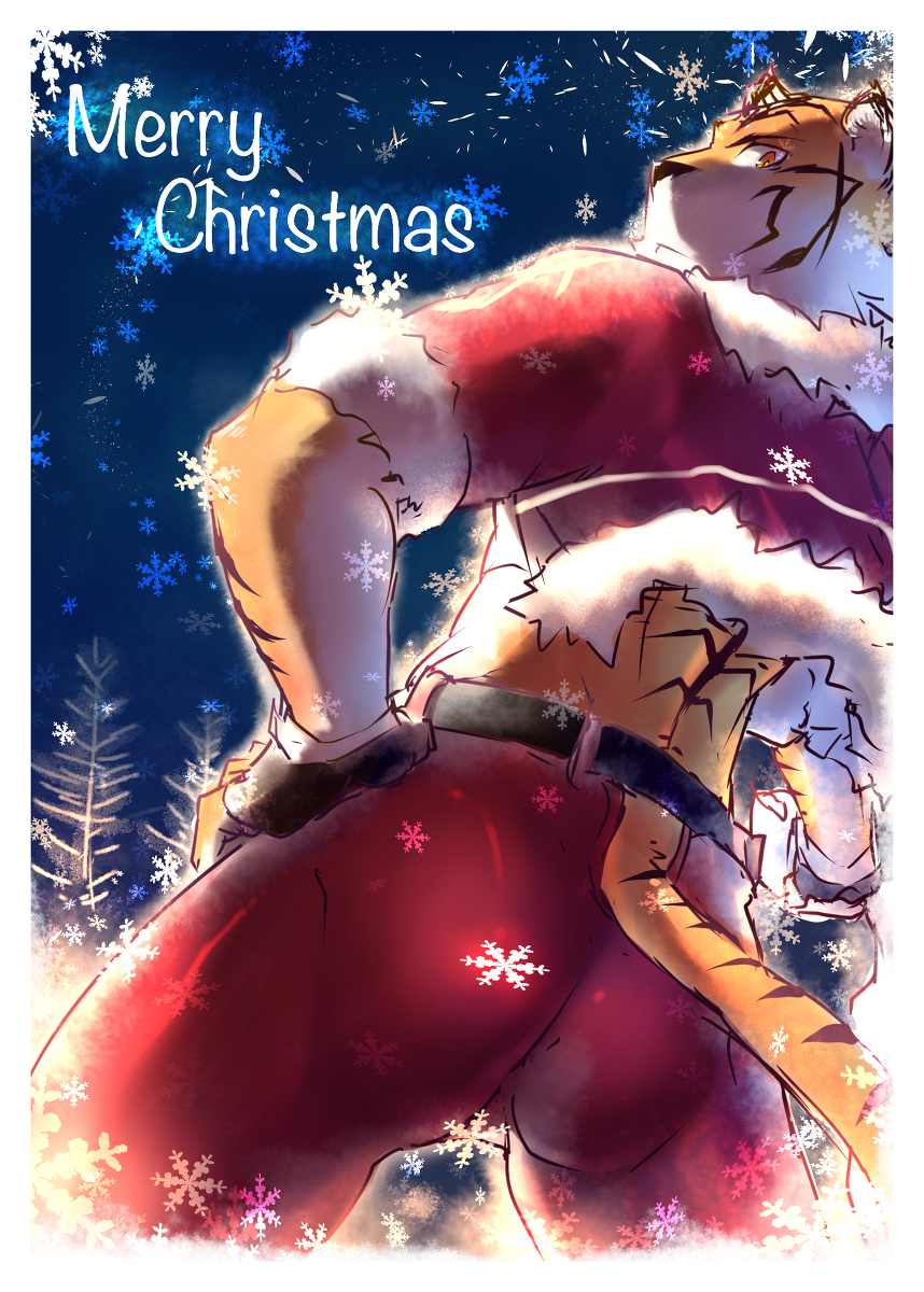 christmas disguise feline fur_trim holidays looking_at_viewer male mammal muscles open_clothes p!k@ru santa_claus snowflakes solo standing tiger yellow_eyes