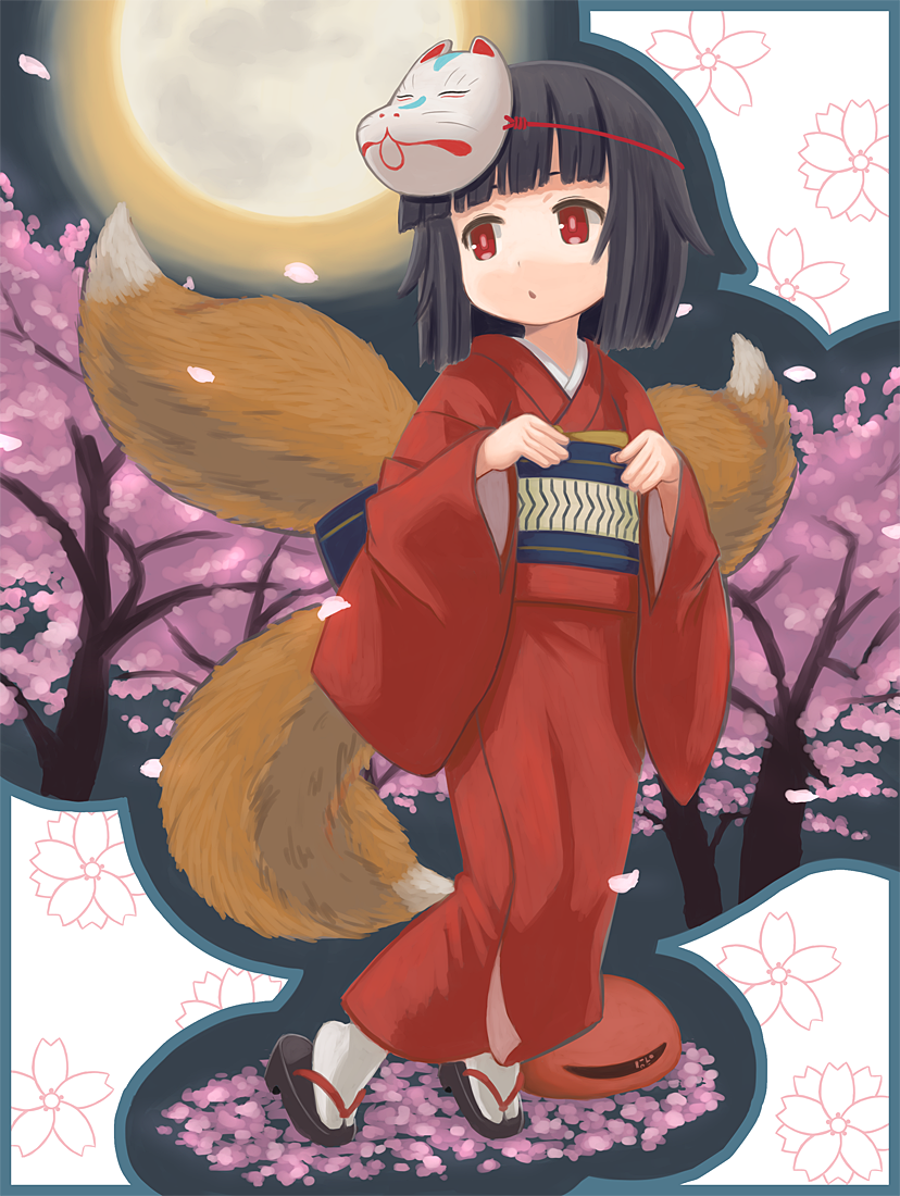bad_id bad_pixiv_id cherry_blossoms fox_tail full_moon japanese_clothes kimono mask mawaru_(mawaru) moon multiple_tails original red_eyes short_hair solo tail