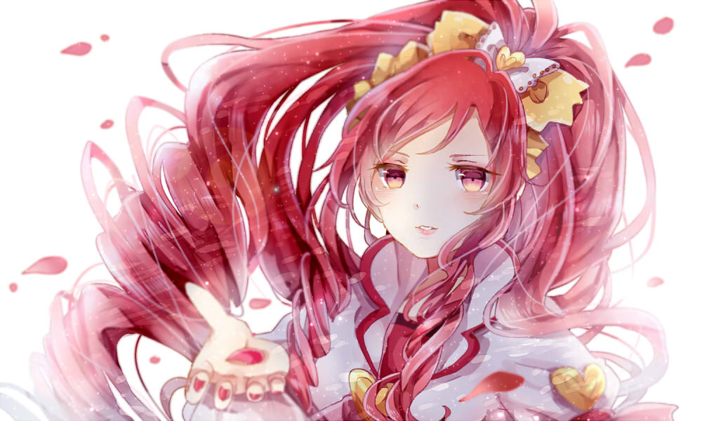 bow cure_ace dokidoki!_precure expressionless fingernails hair_bow long_hair madoka_aguri magical_girl nail_polish outstretched_hand petals poison916 precure red_eyes red_hair solo white_background