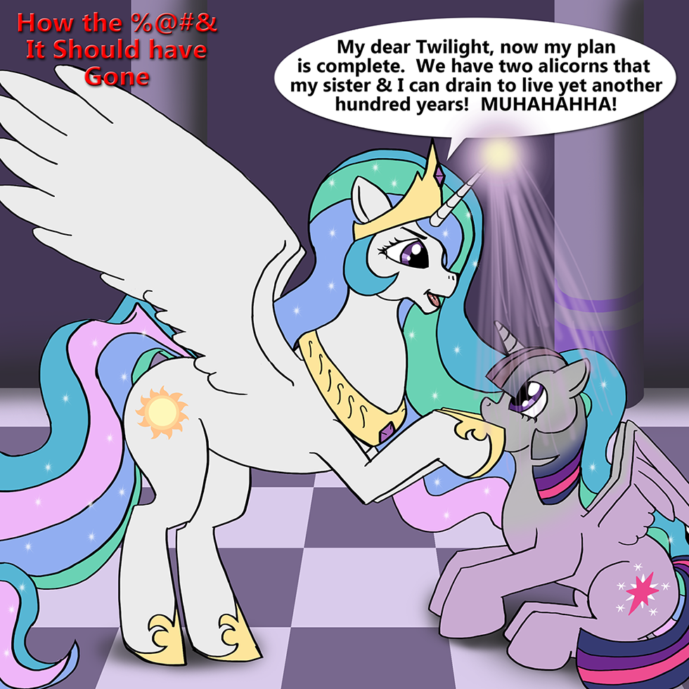 dialog duo english_text equine female feral friendship_is_magic horn horse humor mammal my_little_pony pony princess princess_celestia_(mlp) royalty size_difference smile text twilight_sparkle_(mlp) uhoh vampire winged_unicorn wings