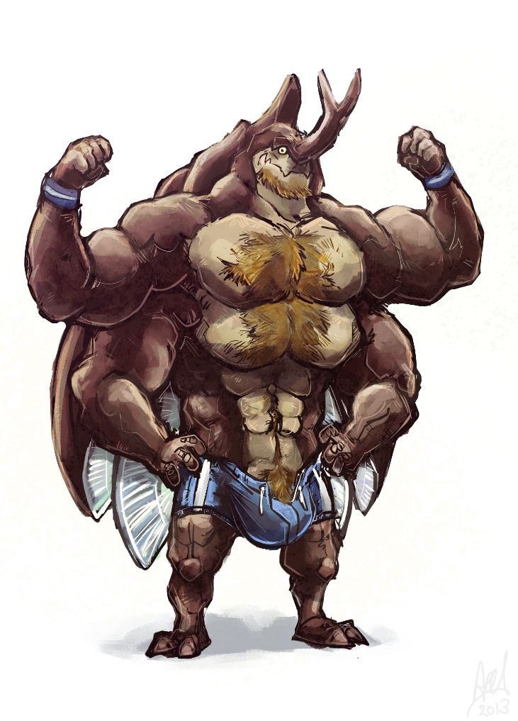 anthro aokmaidu arthropod balls beetle biceps big_balls bulge chest_tuft clothed clothing flexing fur hair horn huge_muscles insect looking_at_viewer male muscles pecs plain_background pose rhinoceros_beetle skimpy solo standing topless tuft white_background wings