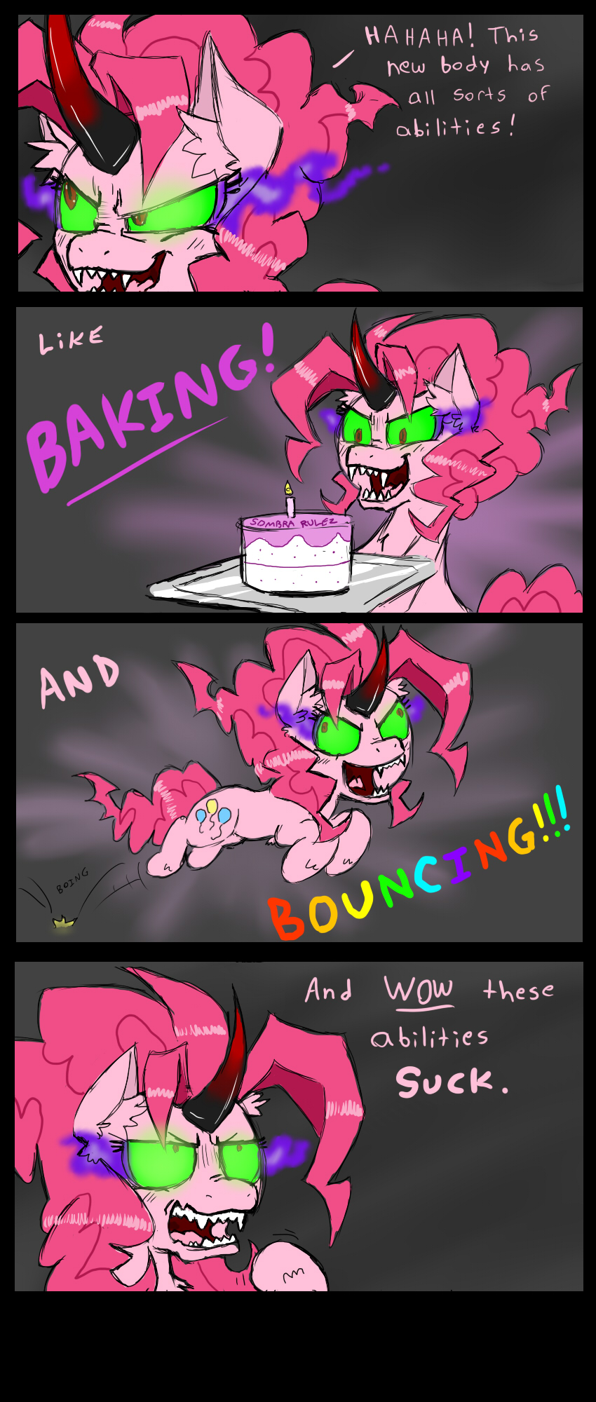 cake comic cutie_mark dialog english_text equine eye_mist fangs female feral food friendship_is_magic fur green_eyes hair horn horse ichibangravity jumping king_sombra_(mlp) mammal my_little_pony open_mouth pink_fur pink_hair pinkie_pie_(mlp) pony possessed red_eyes smile solo teeth text tongue unicorn