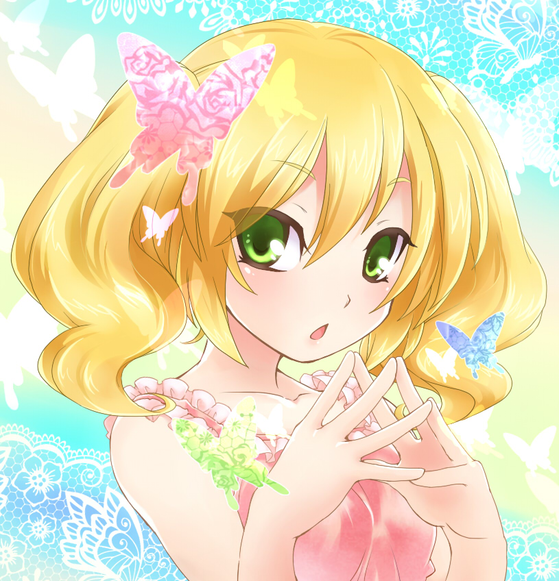 blonde_hair bug butterfly collarbone green_eyes insect lily_(teru_suzu) long_hair looking_at_viewer open_mouth original solo steepled_fingers teru_suzu twintails